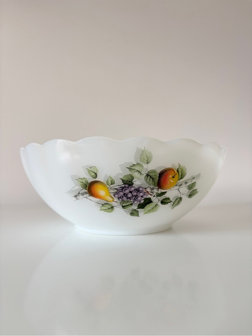 Vintage Arcopal France Milk Glass Bowl Fruits de France Scalloped Rim